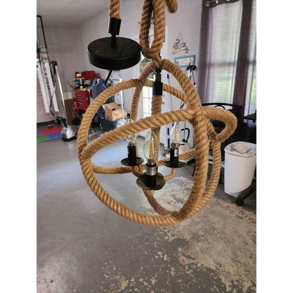 Traditional industrial Retro Chandelier 3 lights hemp rope vintage metal light - Picture 1 of 3